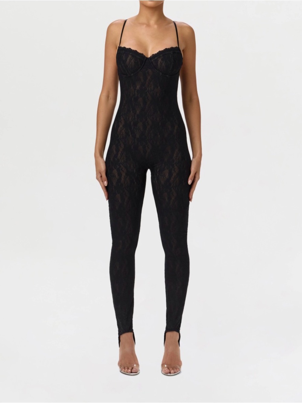 Black Lace Full-Body Stirrup Jumpsuit